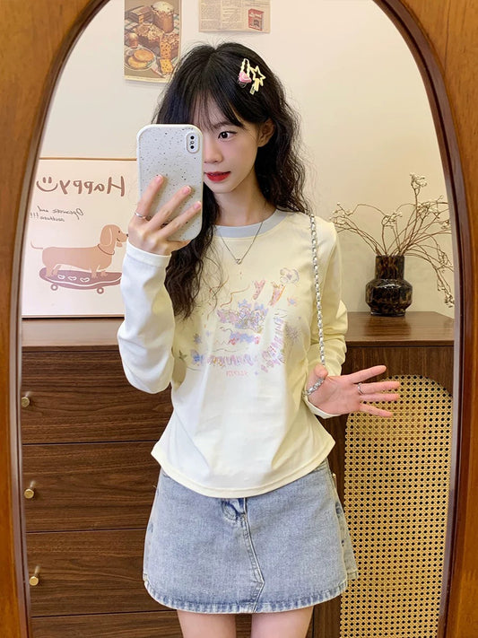 Creamy Universe Graffiti Cartoon Color Blocking Bottoming Shirt Long Sleeve T-Shirt Women's Age-Reducing Small Body Top New Style