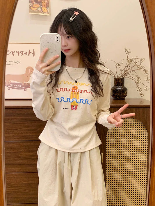 Creamy Universe Foamed French Fries Bottoming Long Sleeve T-Shirt Women's Japanese Sweet Girl Slim Fit Top Spring and Autumn New Style