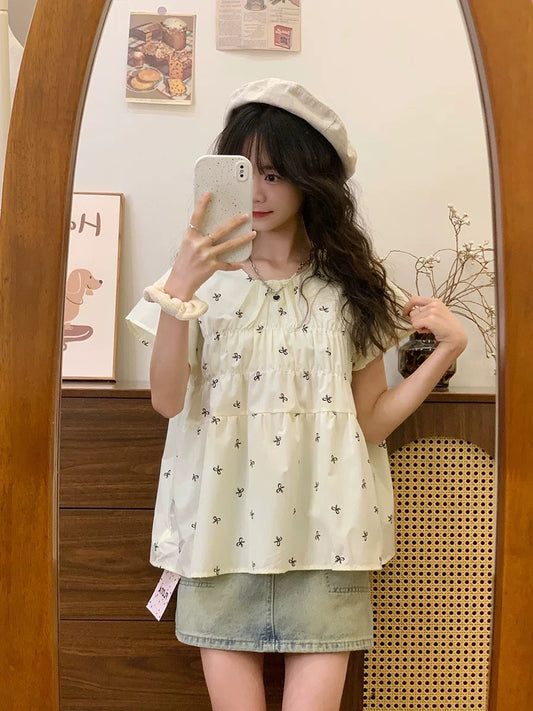 Cream Universe Butterfly Apricot Doll Shirt Short Sleeve T-Shirt Women's Korean Style Short Feifei Sleeve Top New Style