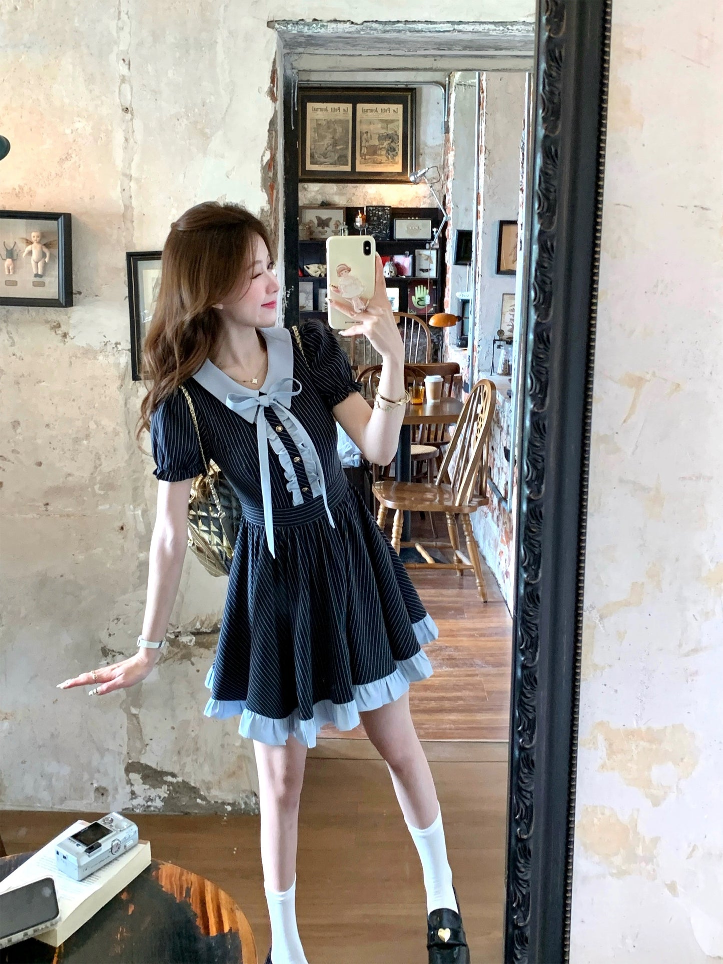 Q Girl's Music Department/College Style Navy Blue Striped Dress Women's Summer New Short Skirt