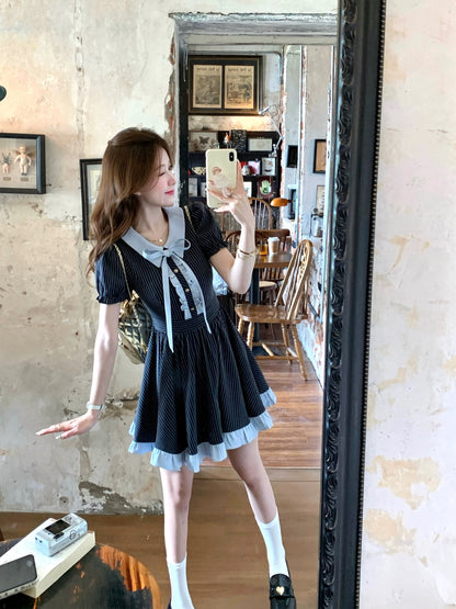 Q Girl's Music Department/College Style Navy Blue Striped Dress Women's Summer New Short Skirt