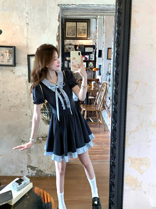 Q Girl's Music Department/College Style Navy Blue Striped Dress Women's Summer New Short Skirt