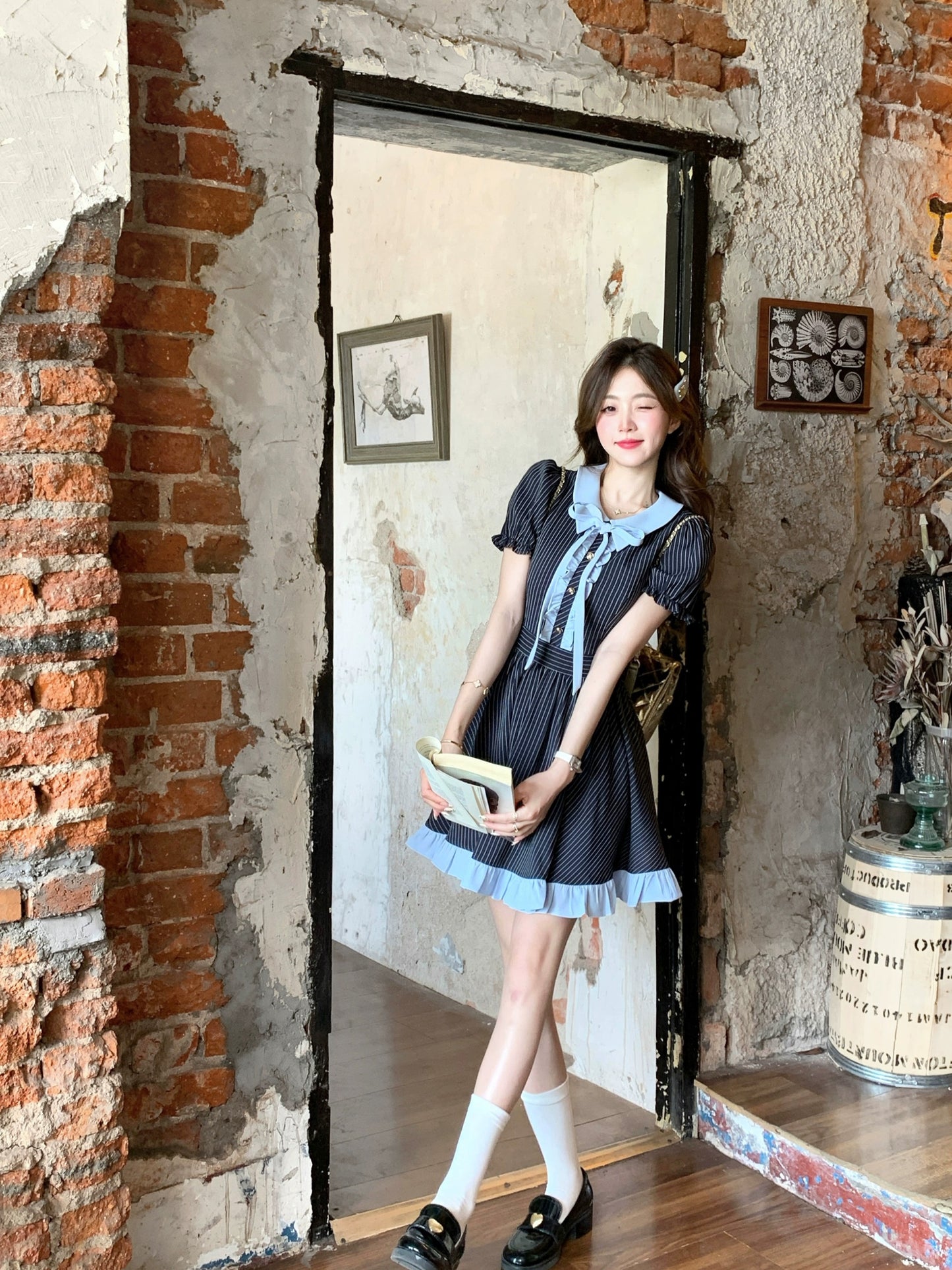 Q Girl's Music Department/College Style Navy Blue Striped Dress Women's Summer New Short Skirt