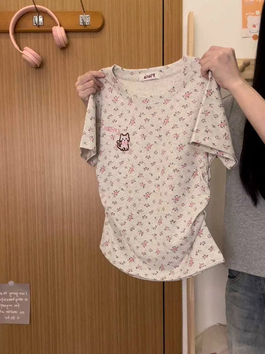 Cream Universe Embroidered Cat Floral Front Shoulder Short Sleeve T-shirt Women Japanese Sweet Girl Style Short Top Summer New Style