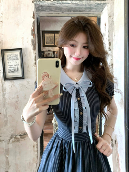 Q Girl's Music Department/College Style Navy Blue Striped Dress Women's Summer New Short Skirt