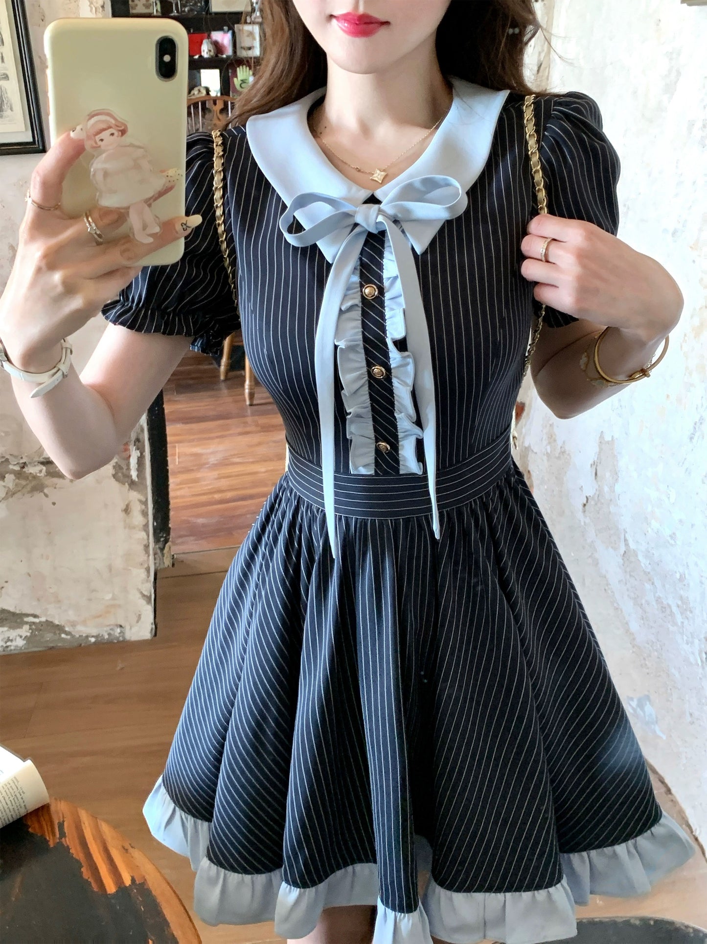 Q Girl's Music Department/College Style Navy Blue Striped Dress Women's Summer New Short Skirt