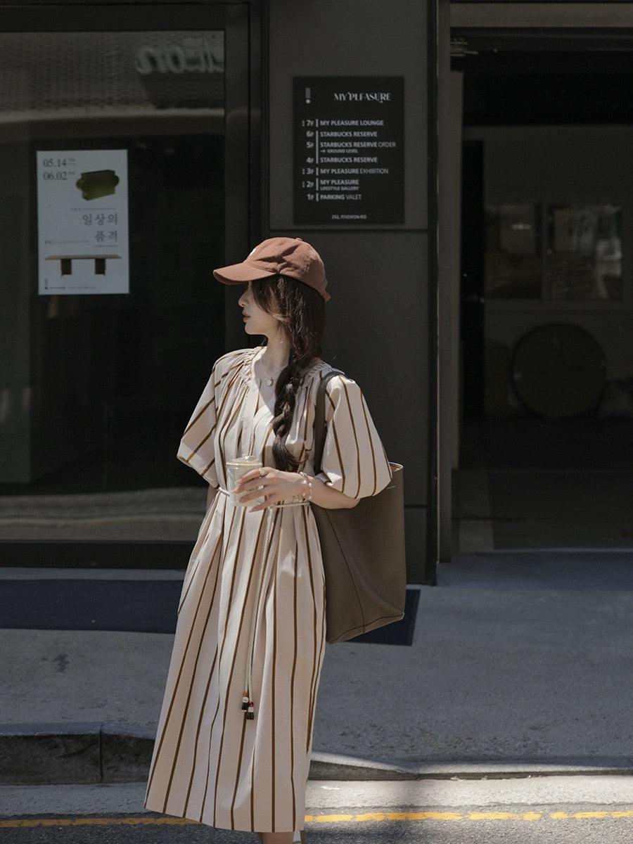 Xia Shiwen Impressionism Vertical Stripe Puff Sleeve Dress Women's Summer V-Neck Loose Lace-Up Waist Midi-Length Skirt