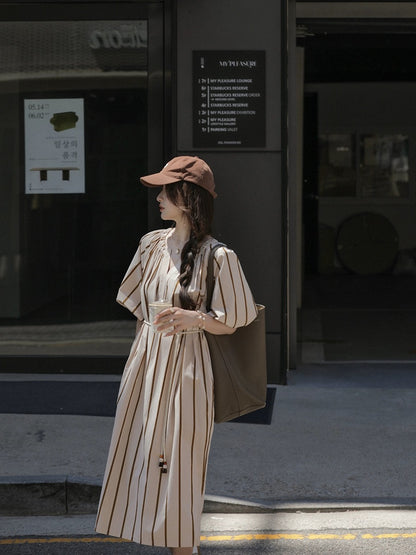 Xia Shiwen Impressionism Vertical Stripe Puff Sleeve Dress Women's Summer V-Neck Loose Lace-Up Waist Midi-Length Skirt