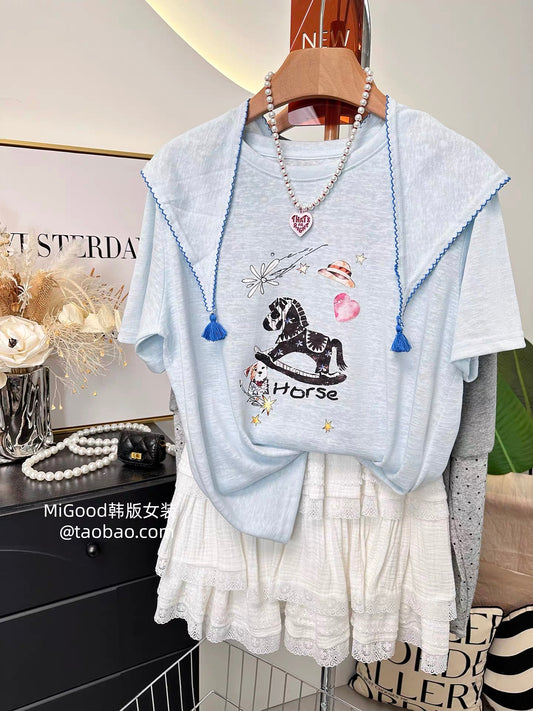 Super stylish pony T-shirt with shawl~ Summer Korean fashion loose slimming snowflake cotton T-shirt for women, short sleeve thin style