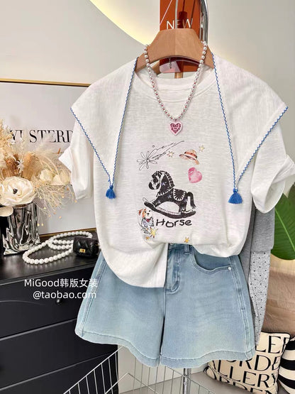 Super stylish pony T-shirt with shawl~ Summer Korean fashion loose slimming snowflake cotton T-shirt for women, short sleeve thin style