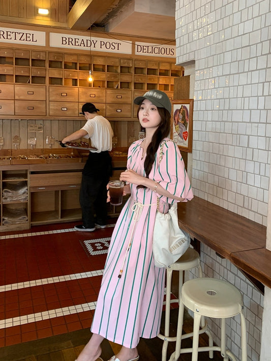 Xia Shiwen Impressionism Vertical Stripe Puff Sleeve Dress Women's Summer V-Neck Loose Lace-Up Waist Midi-Length Skirt