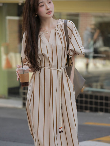 Xia Shiwen Impressionism Vertical Stripe Puff Sleeve Dress Women's Summer V-Neck Loose Lace-Up Waist Midi-Length Skirt