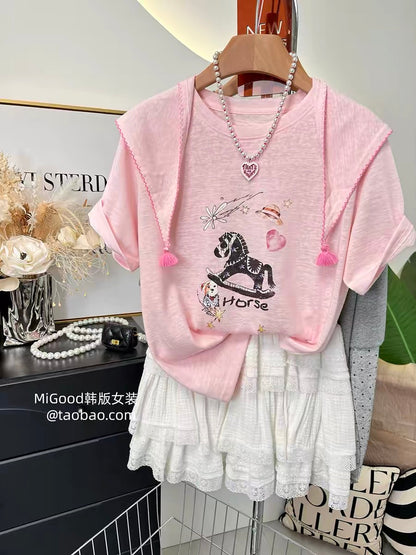 Super stylish pony T-shirt with shawl~ Summer Korean fashion loose slimming snowflake cotton T-shirt for women, short sleeve thin style
