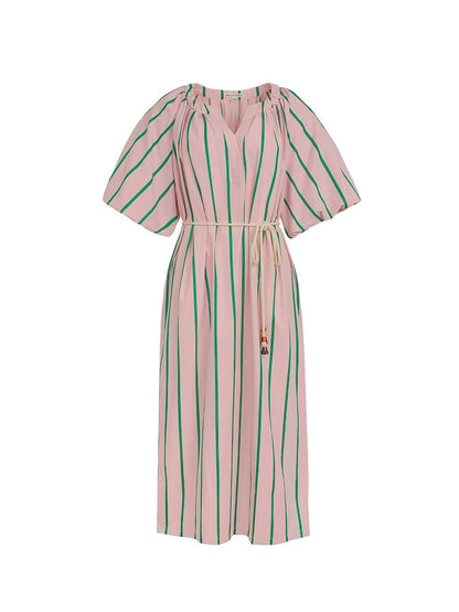 Xia Shiwen Impressionism Vertical Stripe Puff Sleeve Dress Women's Summer V-Neck Loose Lace-Up Waist Midi-Length Skirt