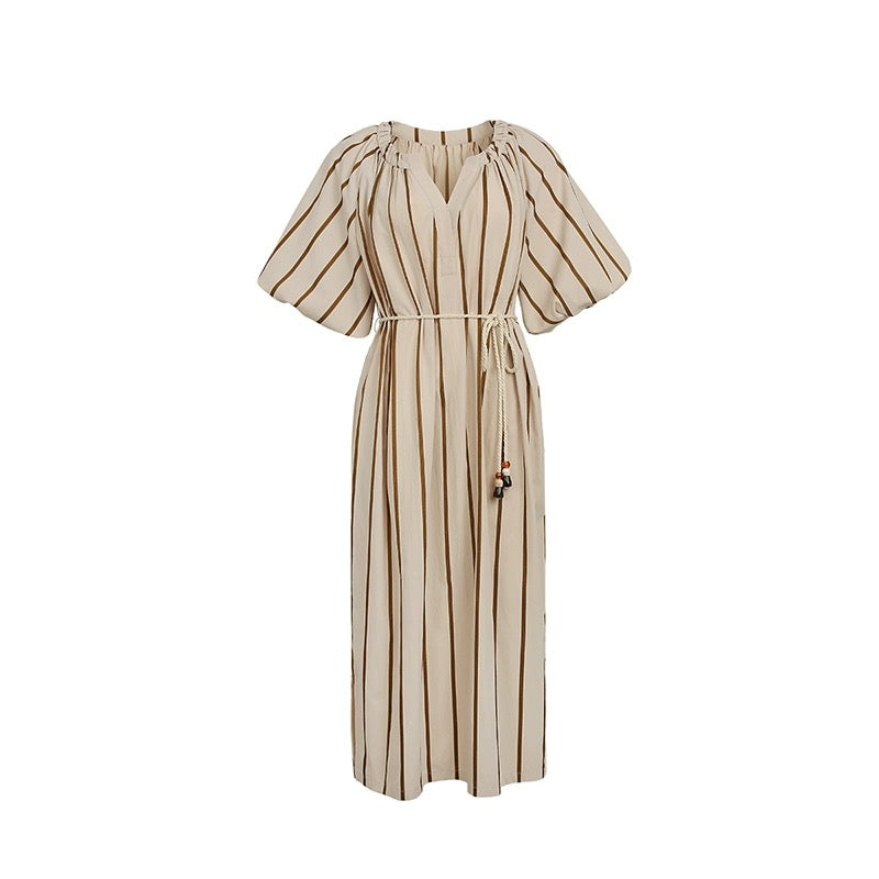 Xia Shiwen Impressionism Vertical Stripe Puff Sleeve Dress Women's Summer V-Neck Loose Lace-Up Waist Midi-Length Skirt