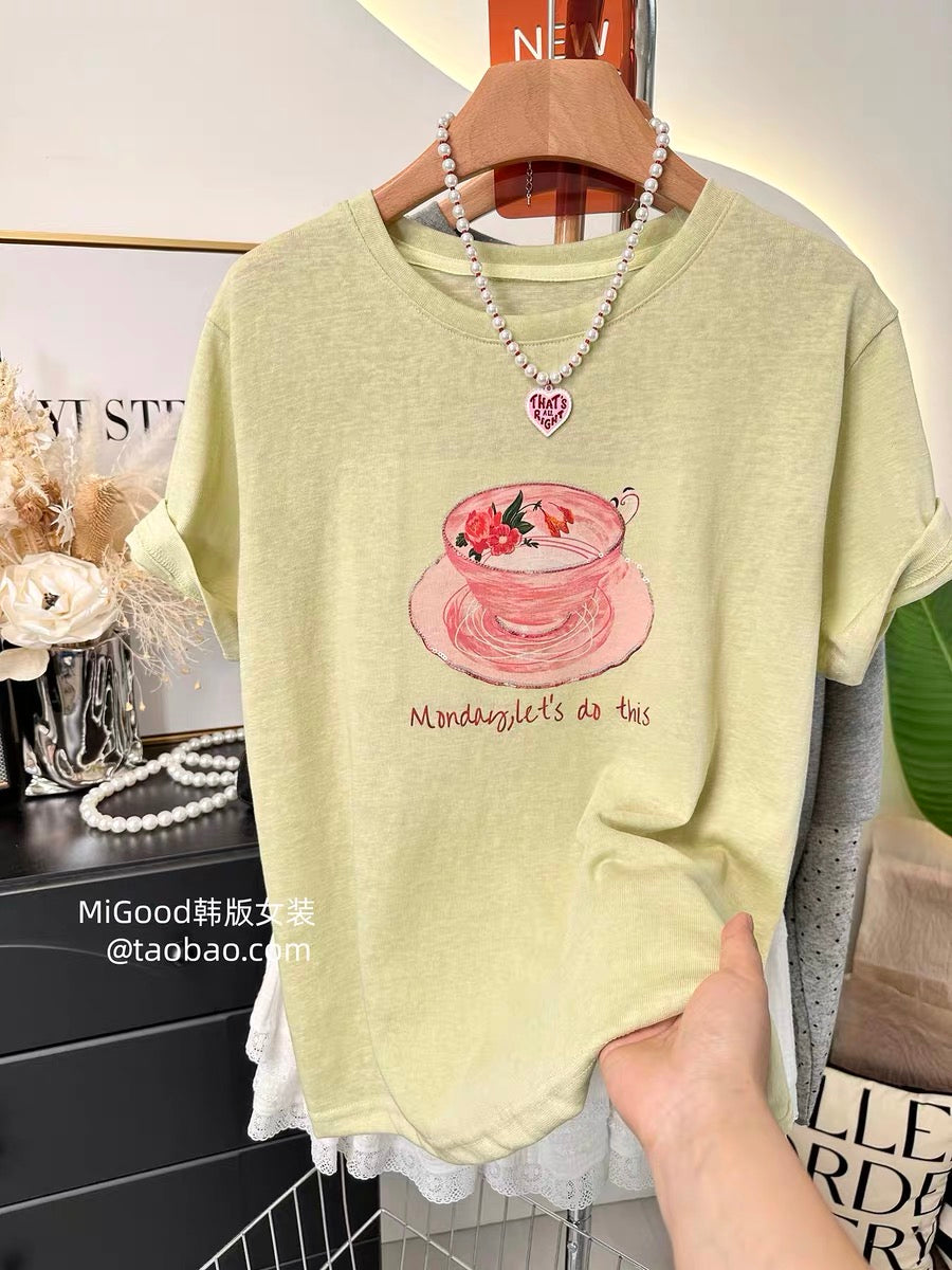 Recommended summer Korean style fashionable and stylish sequined cup loose casual round neck short-sleeved snowflake cotton t-shirt for women.