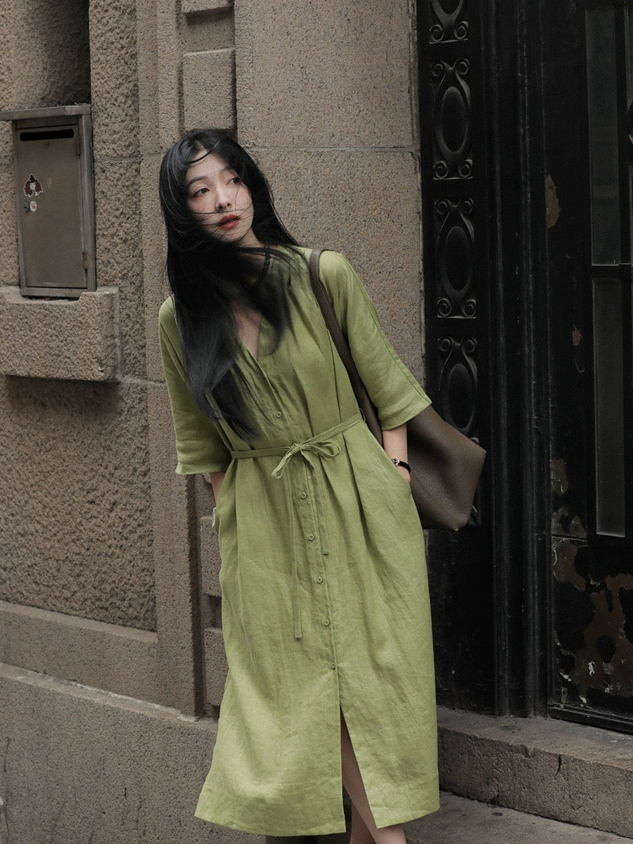 Xia Shiwen Yumu Rose 100% linen V-neck pleated lace-up dress for women summer loose casual lazy skirt
