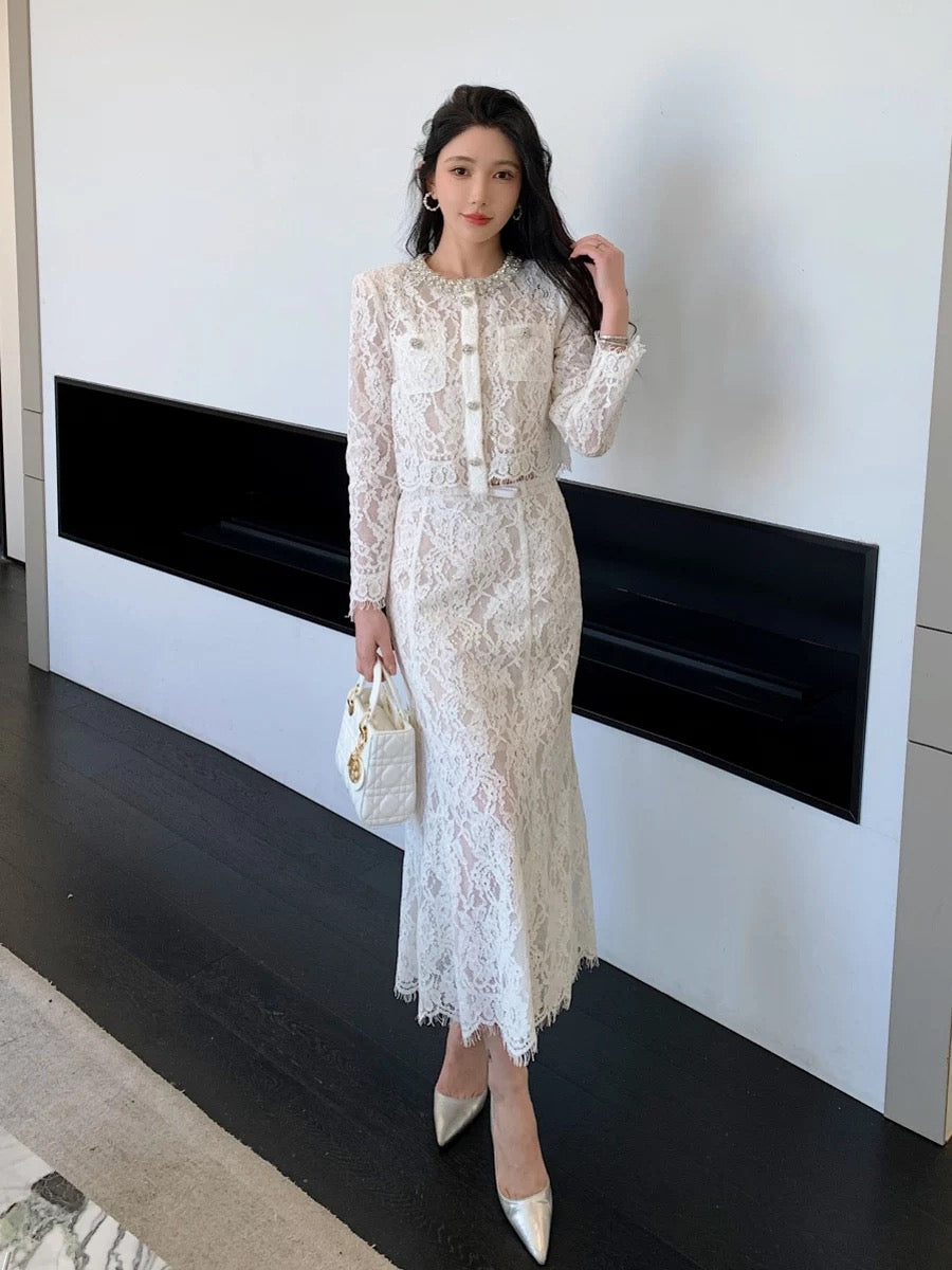 White lace sexy see-through cardigan top fishtail half-length skirt high-end French style fairy suit