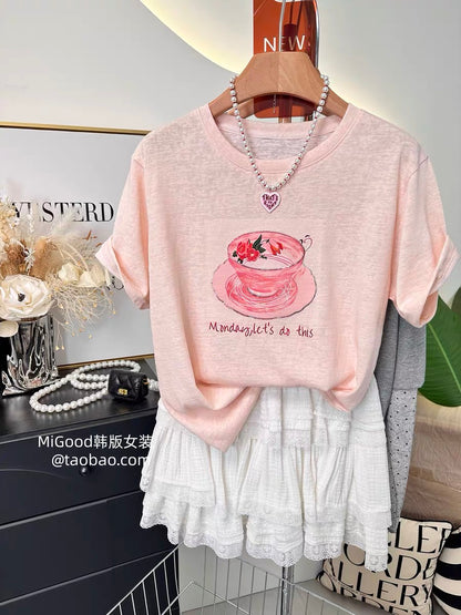 Recommended summer Korean style fashionable and stylish sequined cup loose casual round neck short-sleeved snowflake cotton t-shirt for women.