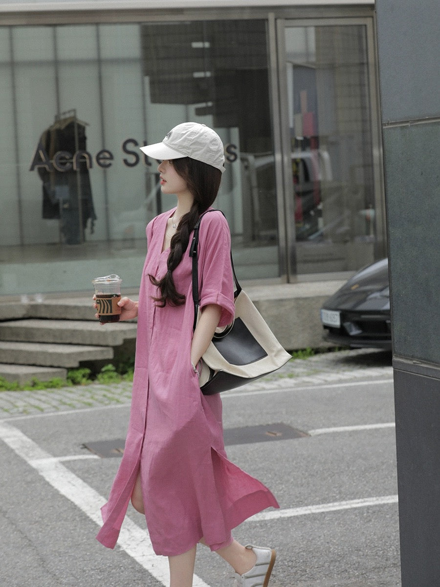 Xia Shiwen Yumu Rose 100% linen V-neck pleated lace-up dress for women summer loose casual lazy skirt