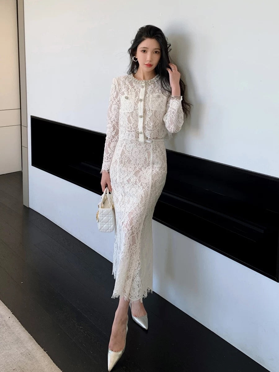 White lace sexy see-through cardigan top fishtail half-length skirt high-end French style fairy suit