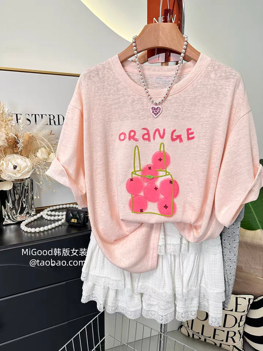 Hot Selling Item: 2026 New Korean Style Fashionable Loose-fitting Round Neck Short-sleeved T-shirt with Fruit Basket Design for Women, Summer Thin Cotton
