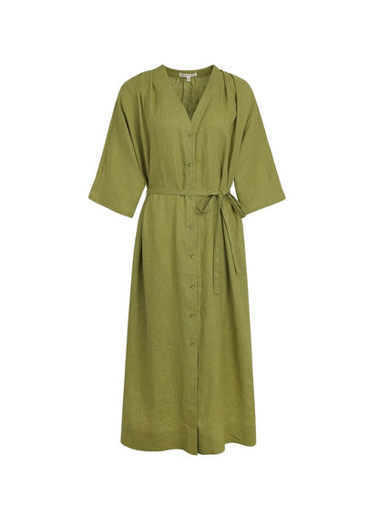 Xia Shiwen Yumu Rose 100% linen V-neck pleated lace-up dress for women summer loose casual lazy skirt
