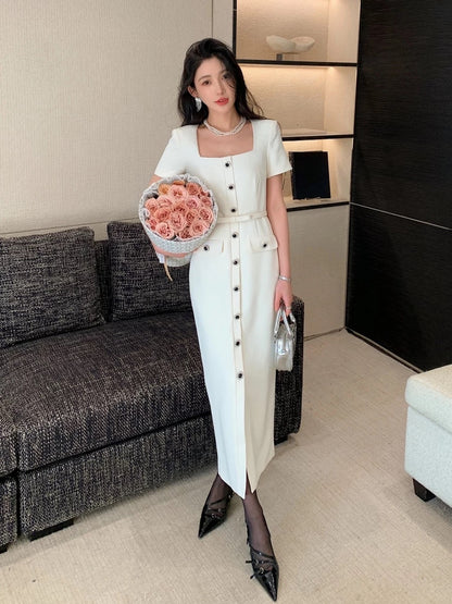 New women's French retro elegant feminine sexy square collar beige short-sleeved dress bottoming inner long skirt