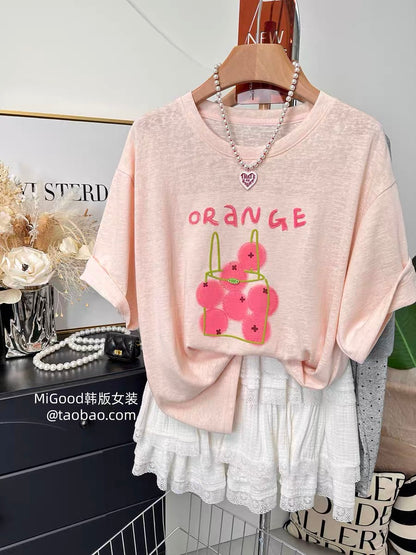 Hot Selling Item: 2026 New Korean Style Fashionable Loose-fitting Round Neck Short-sleeved T-shirt with Fruit Basket Design for Women, Summer Thin Cotton