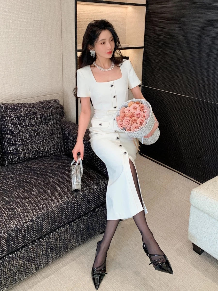 New women's French retro elegant feminine sexy square collar beige short-sleeved dress bottoming inner long skirt