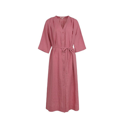 Xia Shiwen Yumu Rose 100% linen V-neck pleated lace-up dress for women summer loose casual lazy skirt