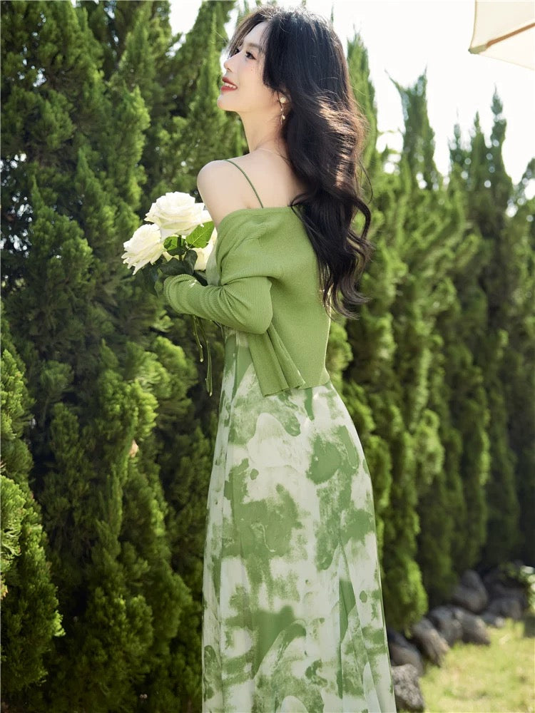 French high-end green mesh tie-dyed floral suspender skirt with this year's popular fashion sweet and beautiful suit