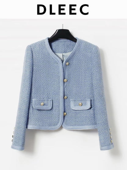 DLEEC Trendy, high-end, and stylish-style tweed jacket featuring a round neck and a sophisticated, "quiet luxury" design.