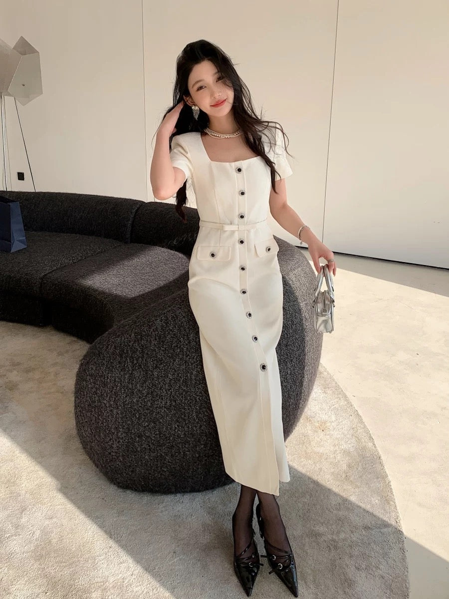 New women's French retro elegant feminine sexy square collar beige short-sleeved dress bottoming inner long skirt