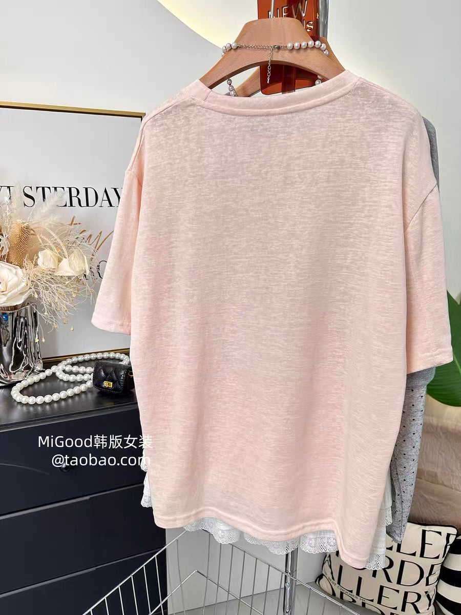Hot Selling Item: 2026 New Korean Style Fashionable Loose-fitting Round Neck Short-sleeved T-shirt with Fruit Basket Design for Women, Summer Thin Cotton