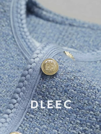 DLEEC Trendy, high-end, and stylish-style tweed jacket featuring a round neck and a sophisticated, "quiet luxury" design.