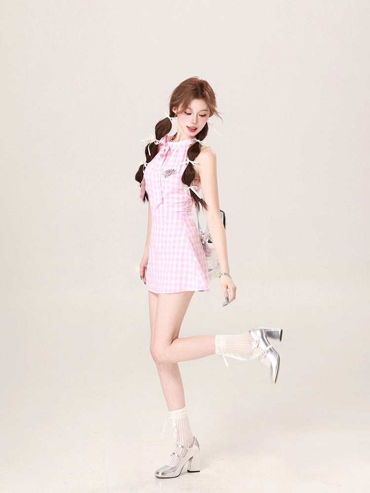 Drawing explanation WAHJU Tender Sweetheart Halter Neck Bow Sleeveless Plaid Dress Women's Summer Slim Plaid Skirt