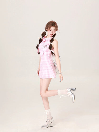 Drawing explanation WAHJU Tender Sweetheart Halter Neck Bow Sleeveless Plaid Dress Women's Summer Slim Plaid Skirt