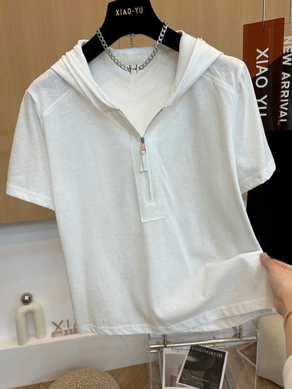 High-end European goods summer new loose casual half-zip hooded short-sleeved T-shirt stylish slim hoodie tops for women