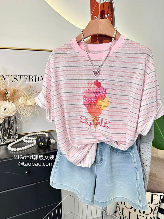 Summer Dopamine Ice Cream ~ 2026 New Korean Style Fashionable Pink Striped Loose Round Neck T-Shirt for Women (Thin)