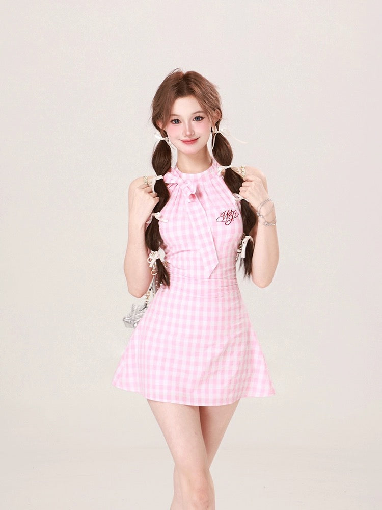 Drawing explanation WAHJU Tender Sweetheart Halter Neck Bow Sleeveless Plaid Dress Women's Summer Slim Plaid Skirt
