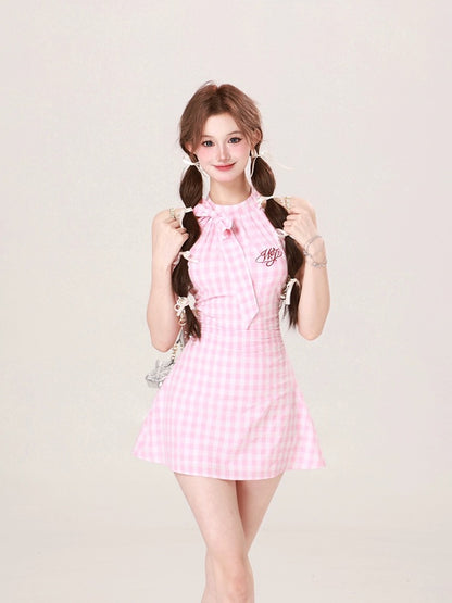 Drawing explanation WAHJU Tender Sweetheart Halter Neck Bow Sleeveless Plaid Dress Women's Summer Slim Plaid Skirt
