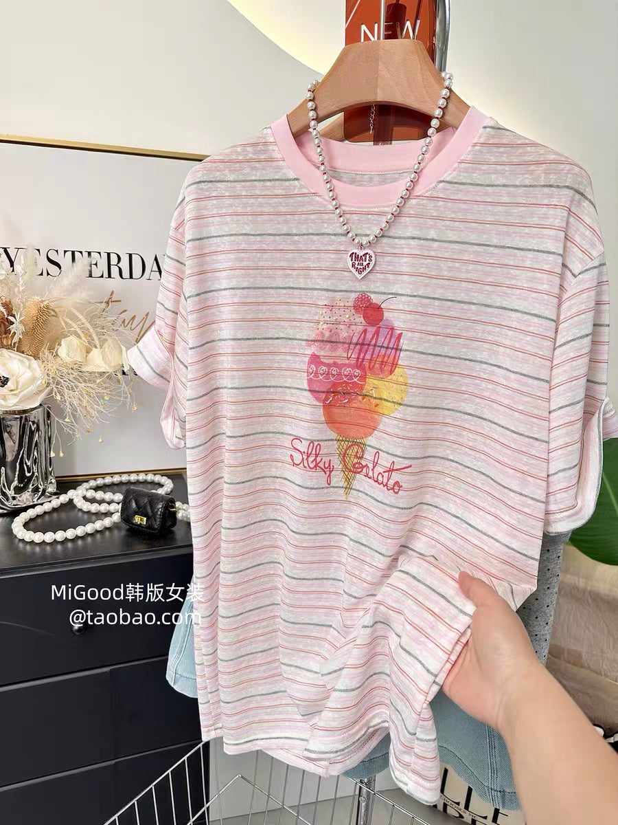 Summer Dopamine Ice Cream ~ 2026 New Korean Style Fashionable Pink Striped Loose Round Neck T-Shirt for Women (Thin)