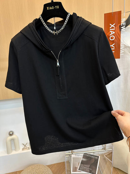 High-end European goods summer new loose casual half-zip hooded short-sleeved T-shirt stylish slim hoodie tops for women
