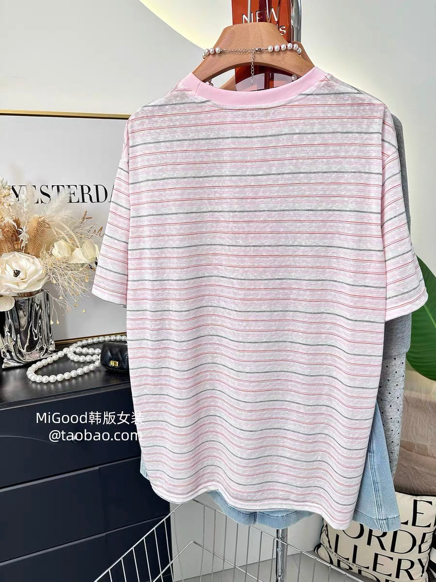 Summer Dopamine Ice Cream ~ 2026 New Korean Style Fashionable Pink Striped Loose Round Neck T-Shirt for Women (Thin)