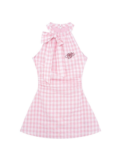 Drawing explanation WAHJU Tender Sweetheart Halter Neck Bow Sleeveless Plaid Dress Women's Summer Slim Plaid Skirt