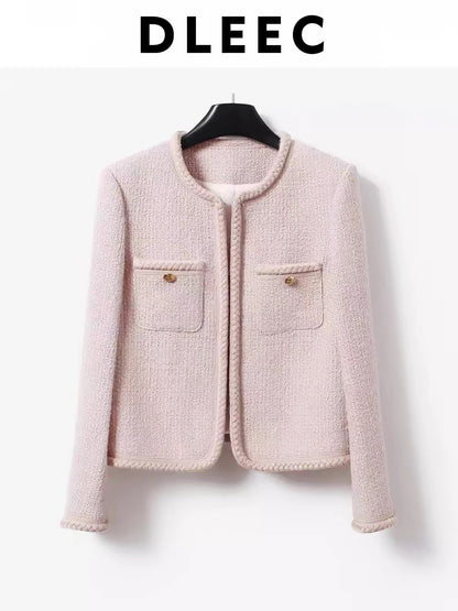 DLEEC Heavyweight Hand-Woven Woolen Cardigan – Minimalist Pink "l-Style" Cropped Jacket; Versatile, Chic, and Sophisticated.