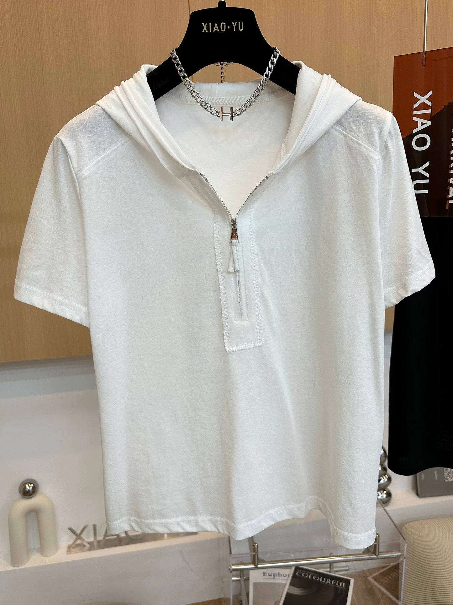 High-end European goods summer new loose casual half-zip hooded short-sleeved T-shirt stylish slim hoodie tops for women