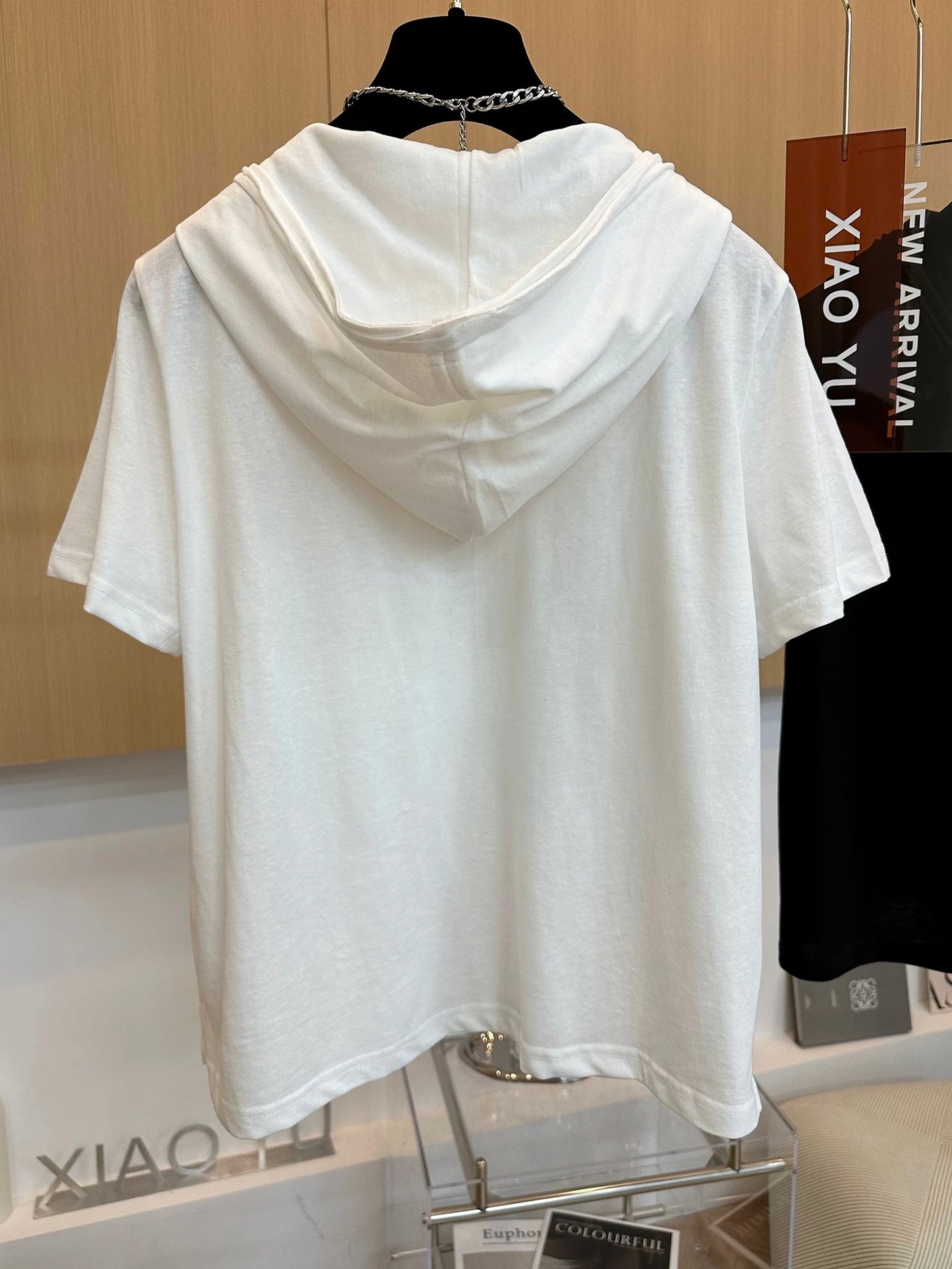 High-end European goods summer new loose casual half-zip hooded short-sleeved T-shirt stylish slim hoodie tops for women