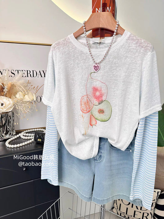 2026 Summer New Korean Style Fashionable Simple Fruit Print Striped Sleeve Faux Two-Piece Sunscreen T-Shirt for Women